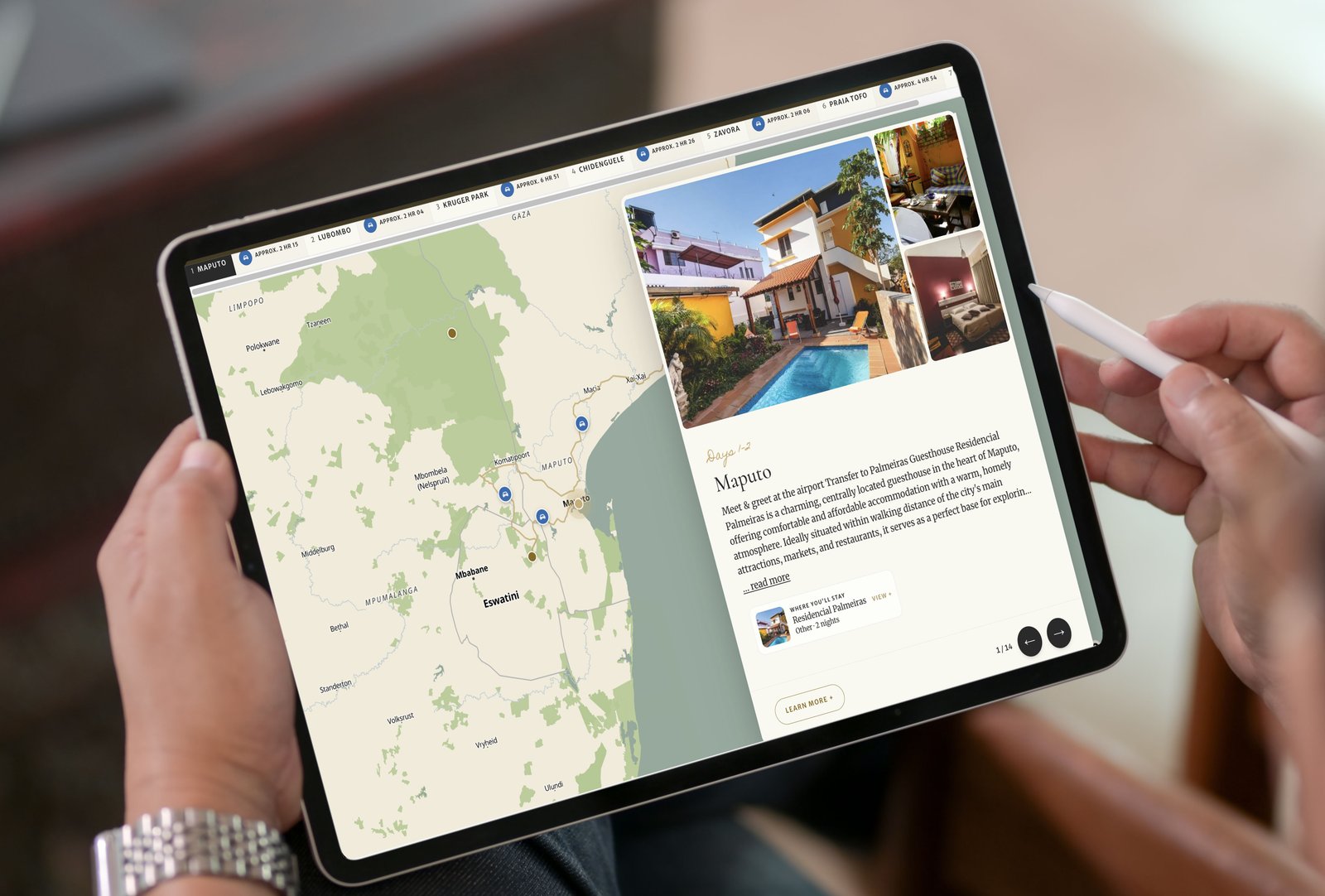 Travel2Mozambique dynamic itinerary on tablet — Maputo route map and day-by-day trip details