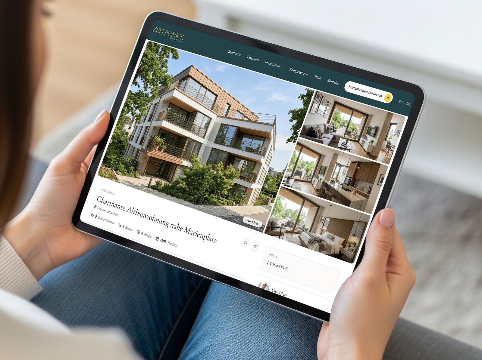 Zeitpunkt Immobilien property listing on tablet — Altbauwohnung near Marienplatz with gallery and agent details