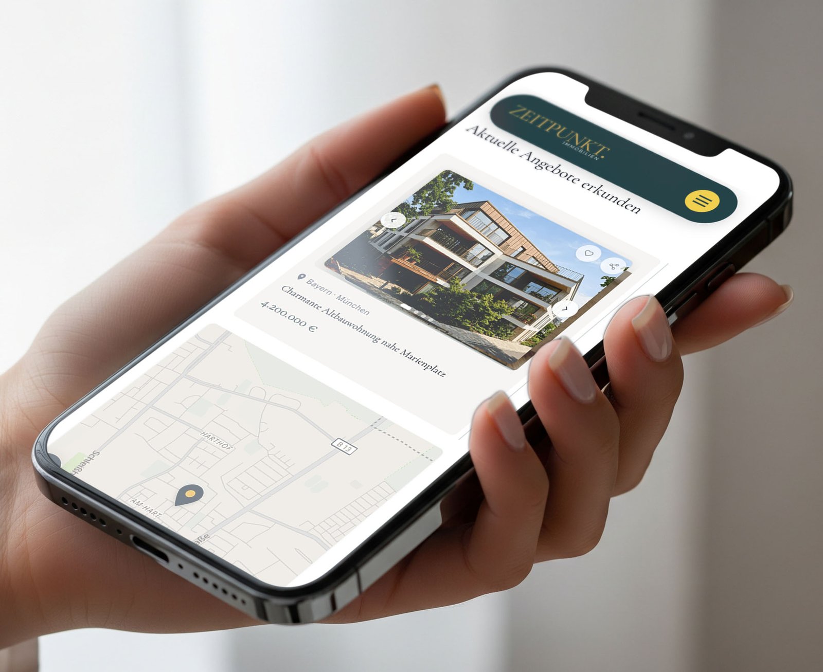 Zeitpunkt Immobilien mobile property listings on smartphone — Munich listings with map view