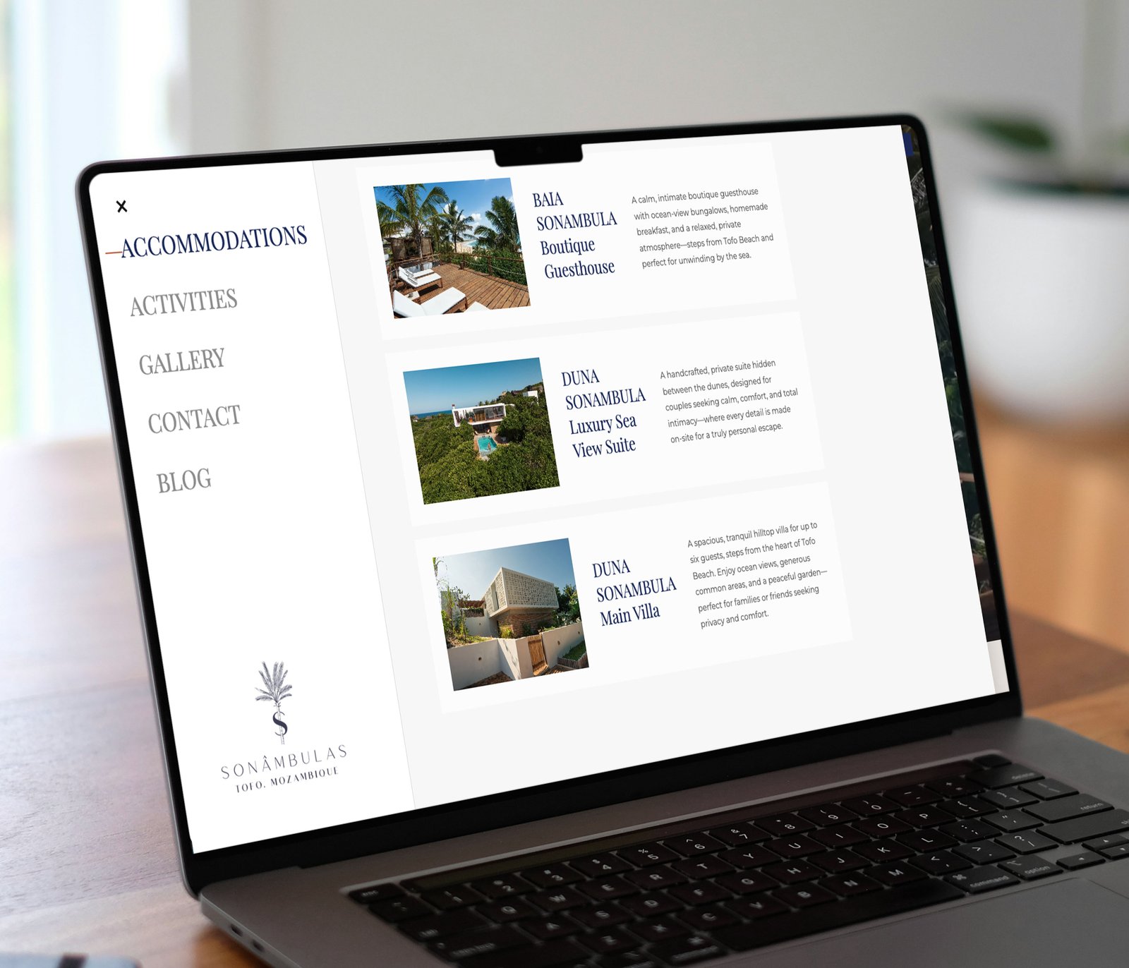 Sonambulas accommodations page on laptop — boutique guesthouse, luxury suite, and main villa listings